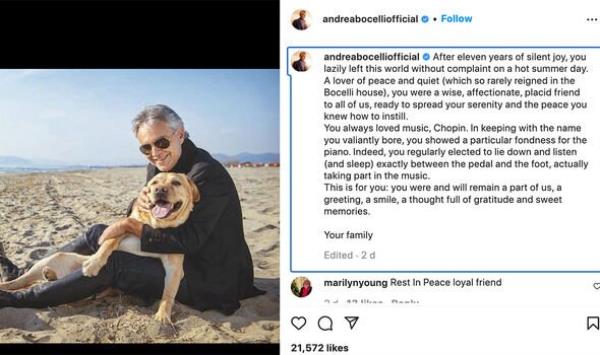 Andrea Bocelli mourns loss of dog Chopin